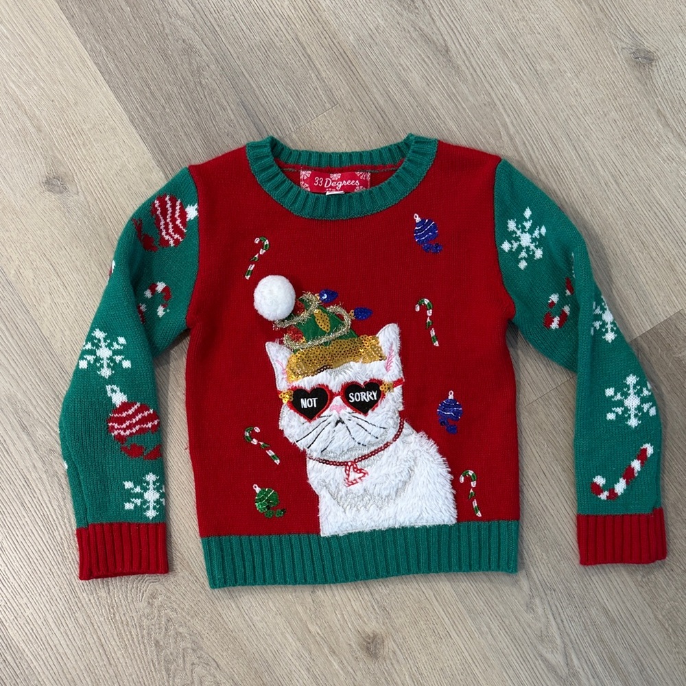 32 Degrees Kids Holiday Cat Sweater - Red and Green